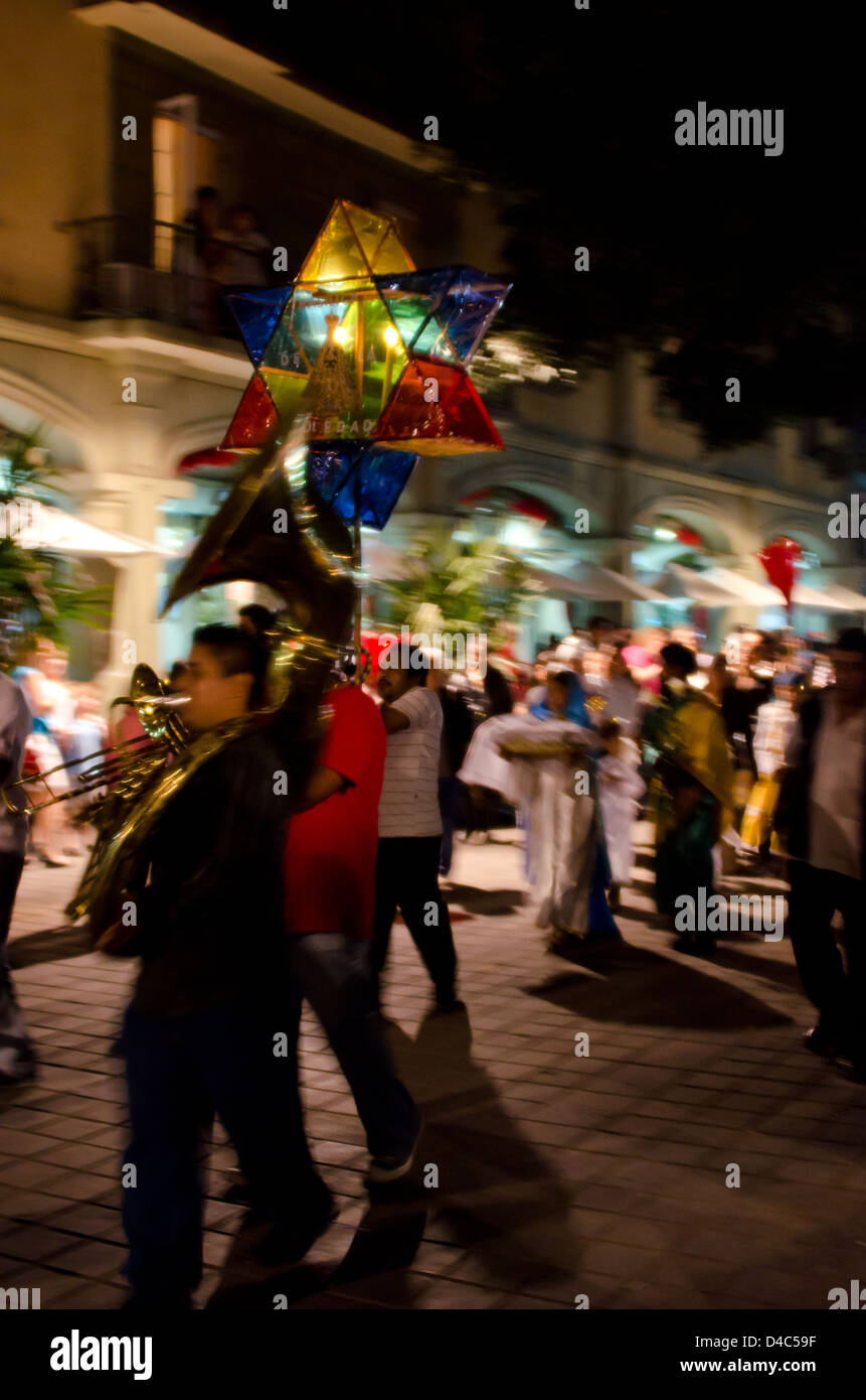 A marching band leads a posada in Christmas Eve in Oaxaca, Mexico Stock ...
