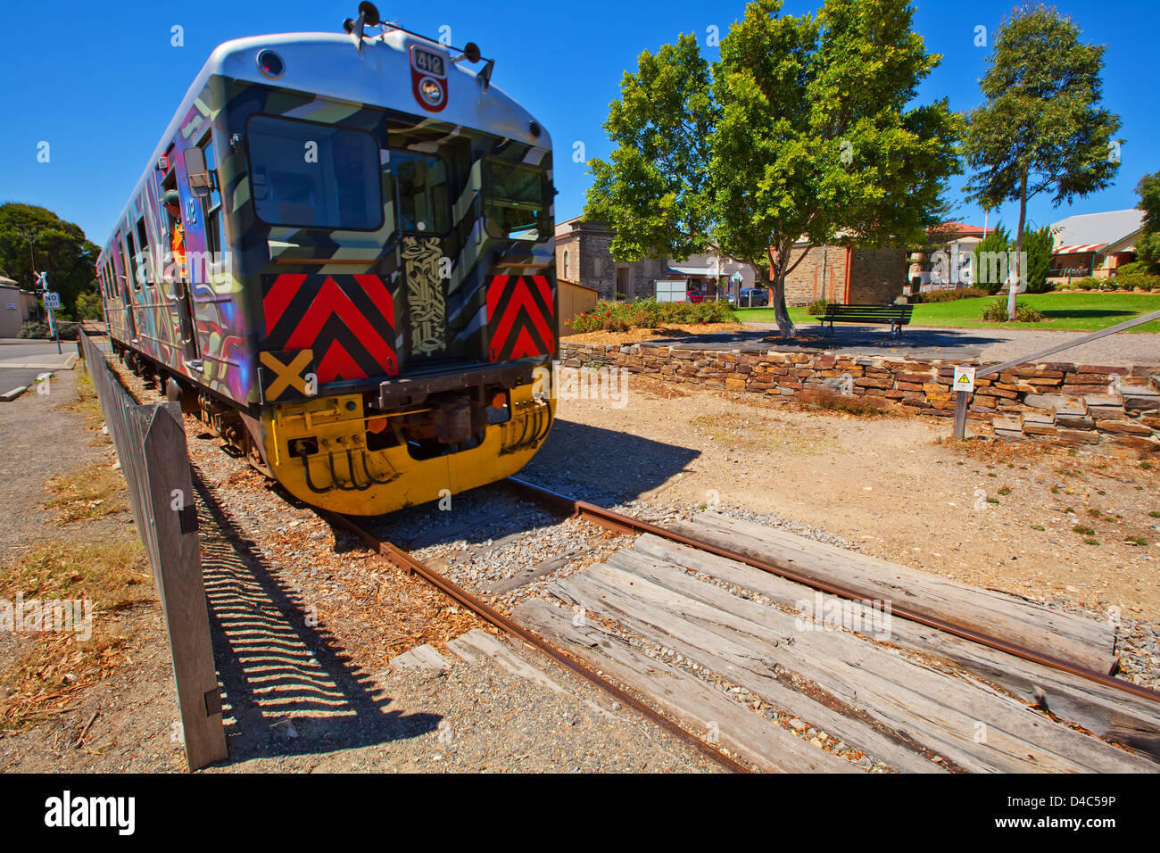 A train departing the Port Elliot station is the seaside town of Port Elliot in South Australia Stock Photo