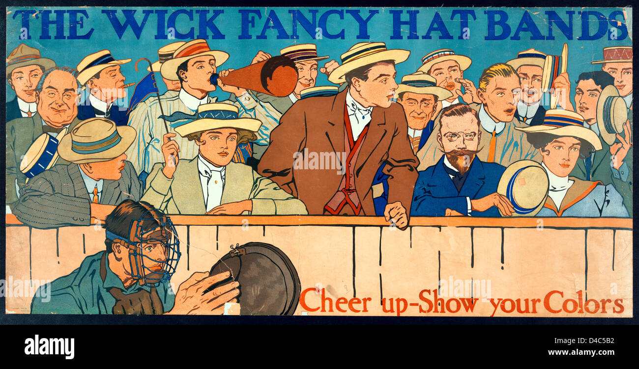 The Wick fancy hat bands. Cheer up - show your colors -  baseball fans in the stands behind the catcher, with men and women wearing hats with special bands. Advertisement for the Wick Narrow Fabric Company. Stock Photo