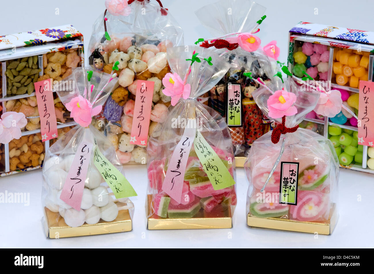 Colorful Hina Matsuri (Japanese Hina doll festival) candy, sweets and other snacks that are enjoyed on Hina Festival in March. Stock Photo