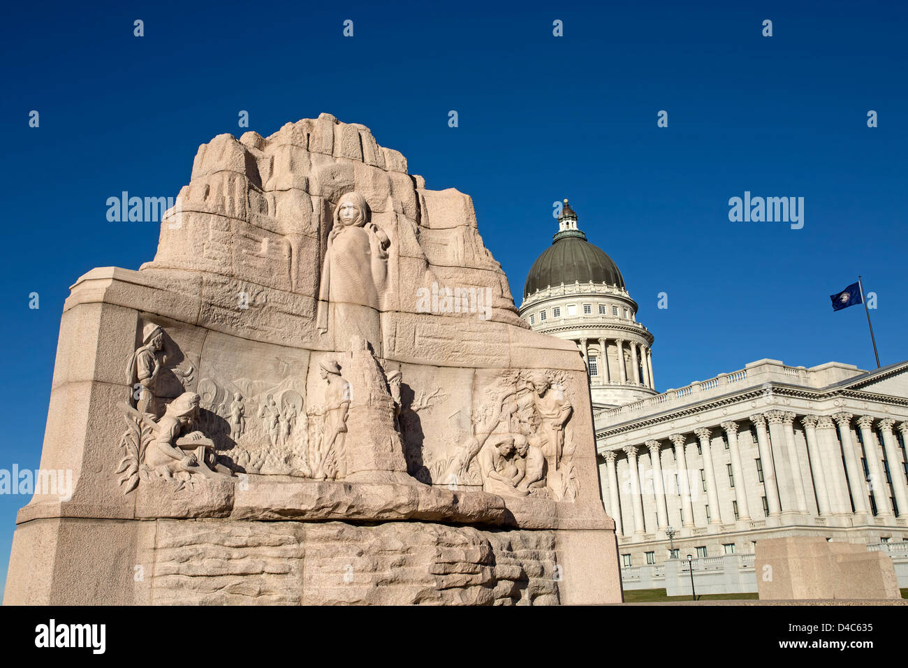 Utah State Capital Mormon Battalion Monument. Utah State capital building high on a hill overlooking the city of Salt Lake City. Stock Photo