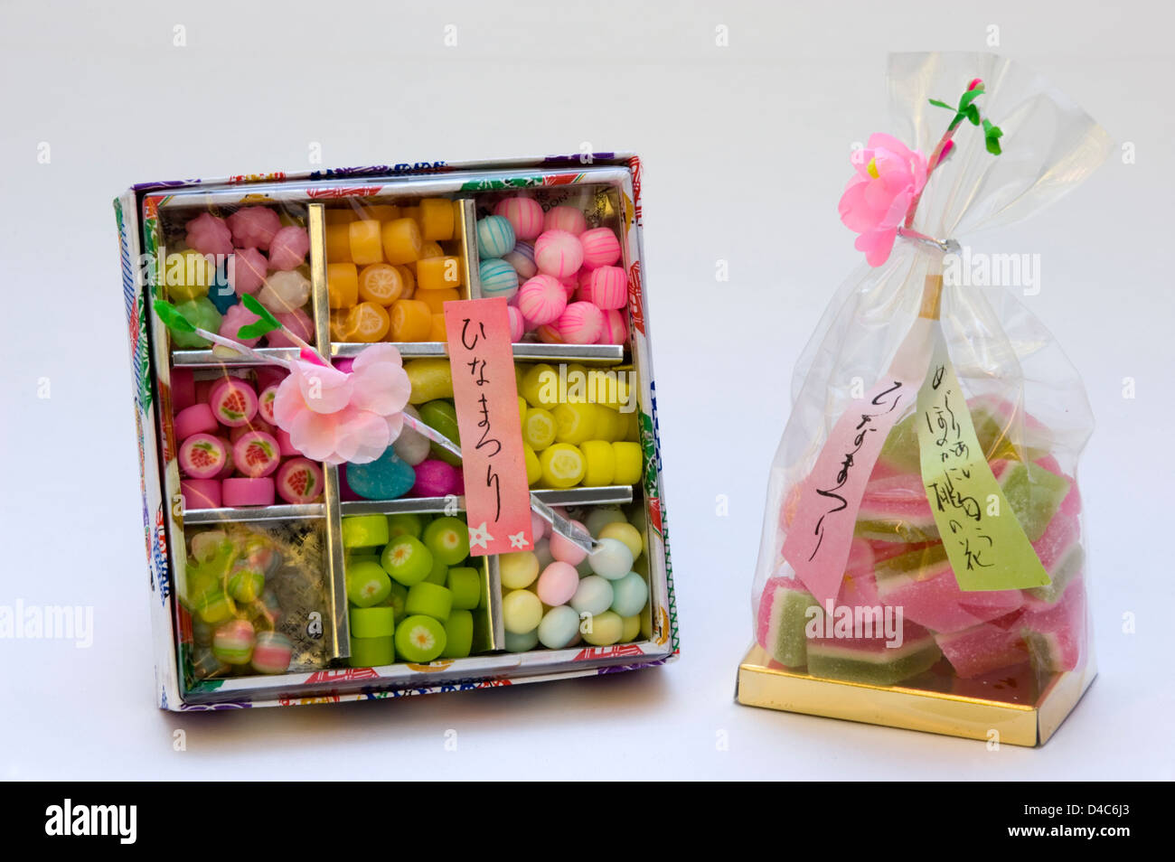 Colorful Hina Matsuri (Japanese Hina doll festival) candy, sweets and other snacks that are enjoyed on Hina Festival in March. Stock Photo