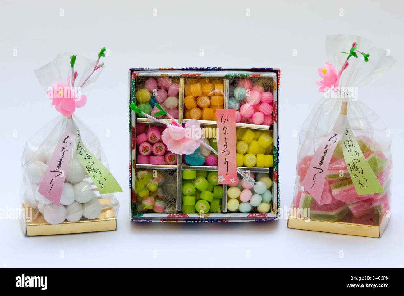 Colorful Hina Matsuri (Japanese Hina doll festival) candy, sweets and other snacks that are enjoyed on Hina Festival in March. Stock Photo