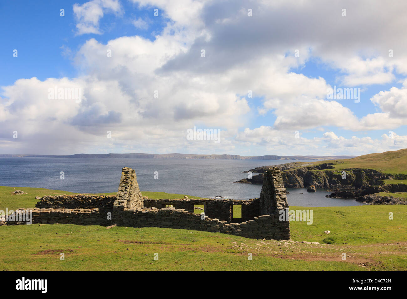 Remains of a derelict croft without a roof on remote coast near Fethaland, Northmavine, Mainland Shetland Islands, Scotland, UK Stock Photo
