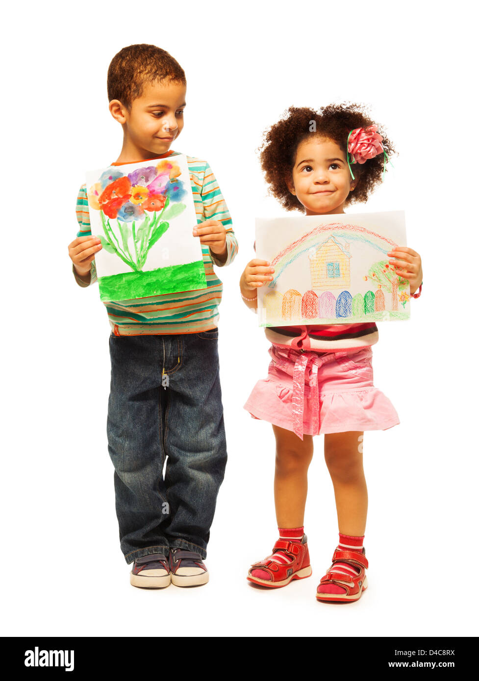 Black brother and sister shows their painting with flowers and their home Stock Photo