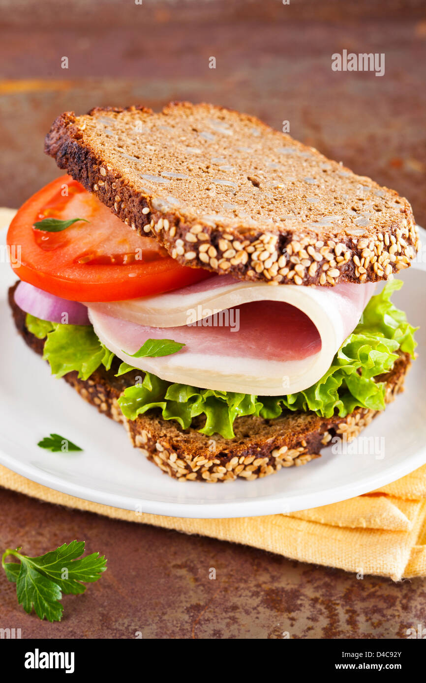 Healthy whole grain bread sandwich with ham Stock Photo
