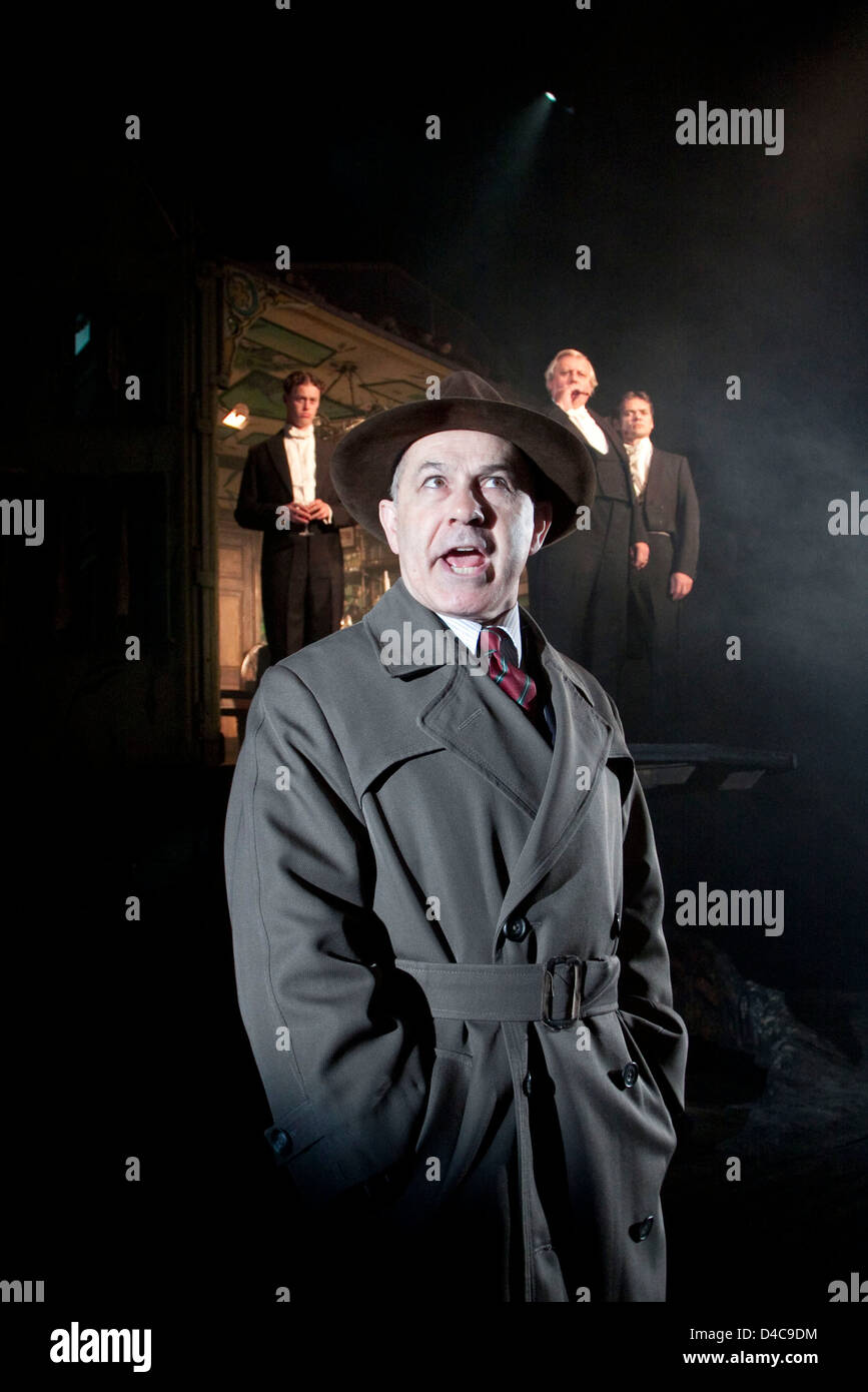 l-r: Robin Whiting (Eric Birling), Nicholas Woodeson (Inspector Goole), David Roper (Arthur Birling), Timothy Watson (Gerald Croft) in AN INSPECTOR CALLS by J B Priestley at the Novello Theatre, London WC2 25/09/2009 a National Theatre production  design: Ian MacNeil   lighting: Rick Fisher   director: Stephen Daldry Stock Photo