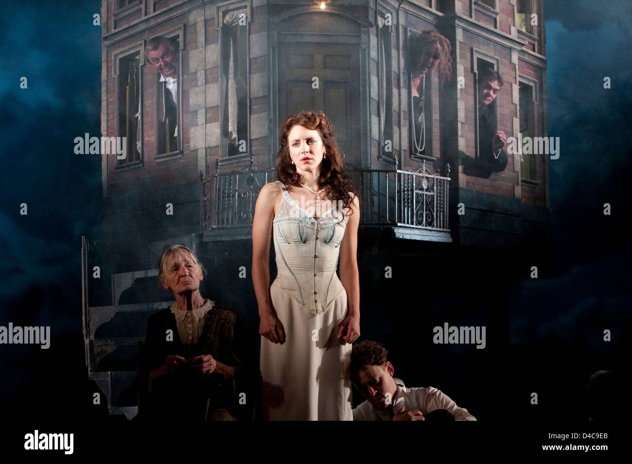 Diana Payne-Myers (Edna), Marianne Oldham (Sheila Birling), Robin Whiting (Eric Birling) in AN INSPECTOR CALLS by J B Priestley at the Novello Theatre, London WC2 25/09/2009 a National Theatre production  design: Ian MacNeil   lighting: Rick Fisher   director: Stephen Daldry Stock Photo