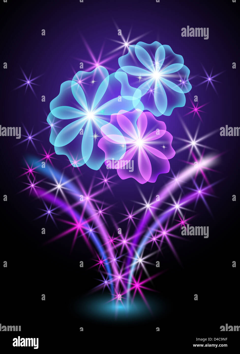 Glowing background with flowers and stars Stock Photo