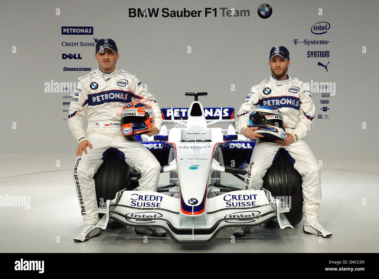 Formula One drivers Nick Heidfeld (R) from Germany and Robert Kubica (L) from Poland pose behind the new BMW Sauber Formula One car 'F1.08' in Munich, Germany, 14 January 2008. Photo: GERO BRELOER Stock Photo
