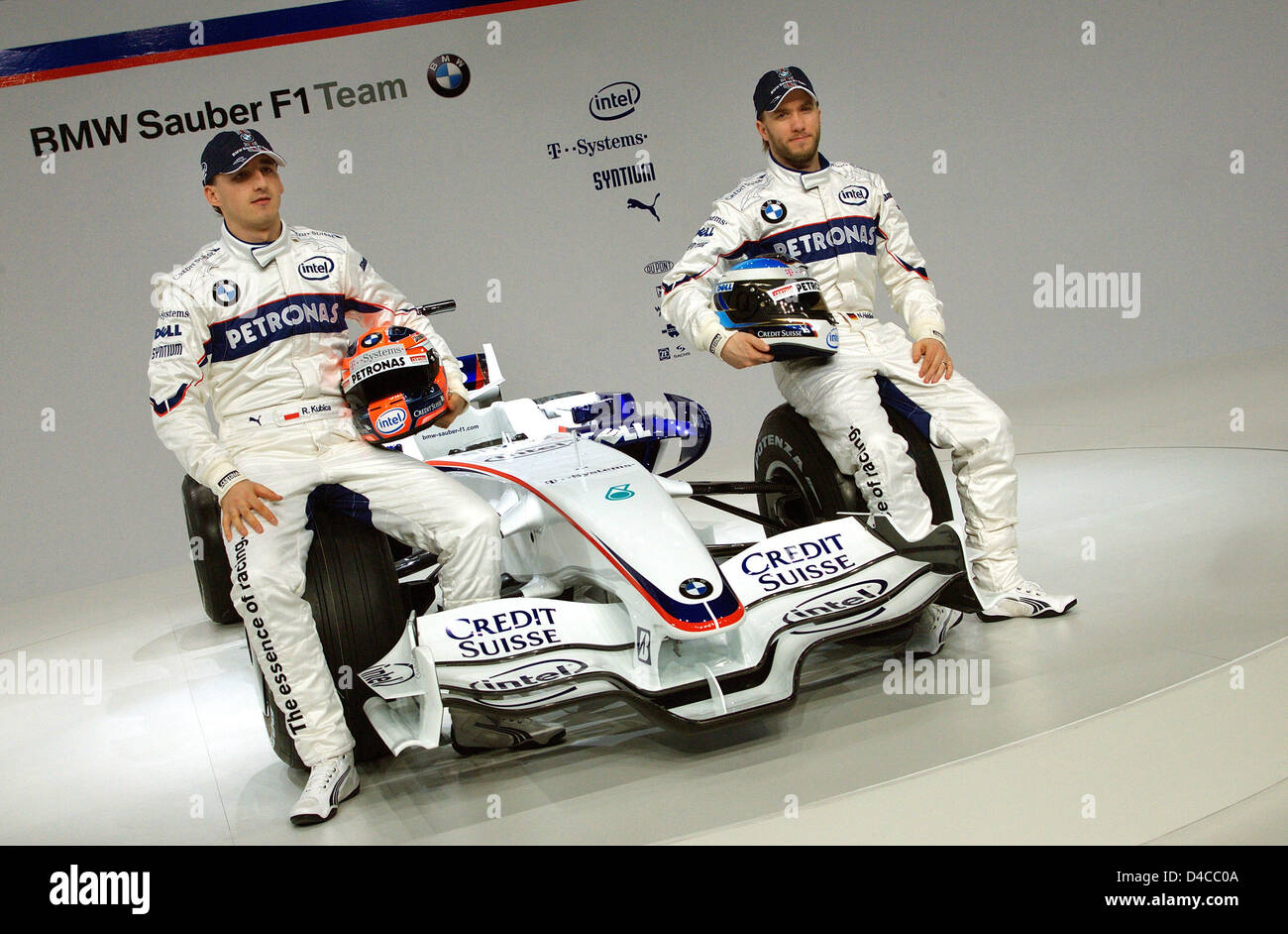 Formula One drivers Nick Heidfeld (R) from Germany and Robert Kubica (L) from Poland pose behind the new BMW Sauber Formula One car 'F1.08' in Munich, Germany, 14 January 2008. Photo: GERO BRELOER Stock Photo