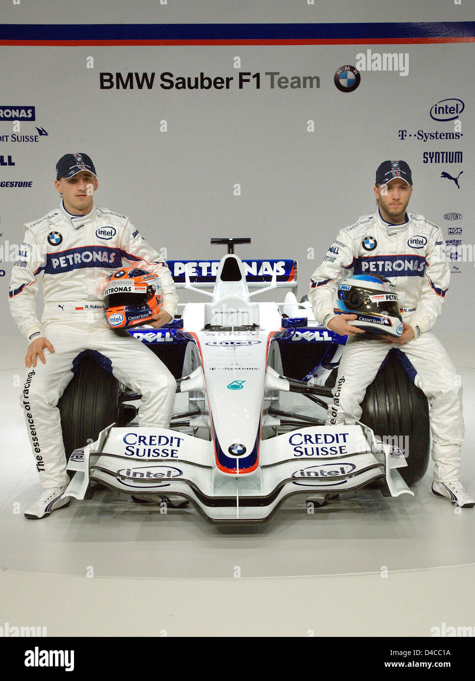 Formula One drivers Nick Heidfeld (R) from Germany and Robert Kubica (L) from Poland pose next to the new BMW Sauber 'F1.08' Formula One car in Munich, Germany, 14 January 2008. Photo: GERO BRELOER Stock Photo