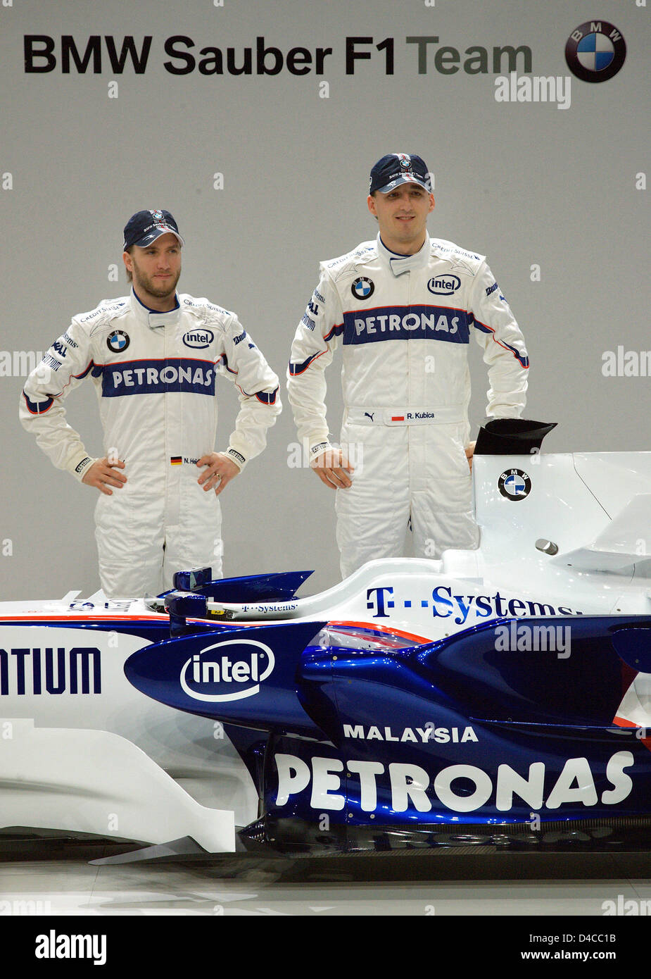 Formula One drivers Nick Heidfeld (L) from Germany and Robert Kubica (R) from Poland pose behind the new BMW Sauber 'F1.08' Formula One car in Munich, Germany, 14 January 2008. Photo: GERO BRELOER Stock Photo