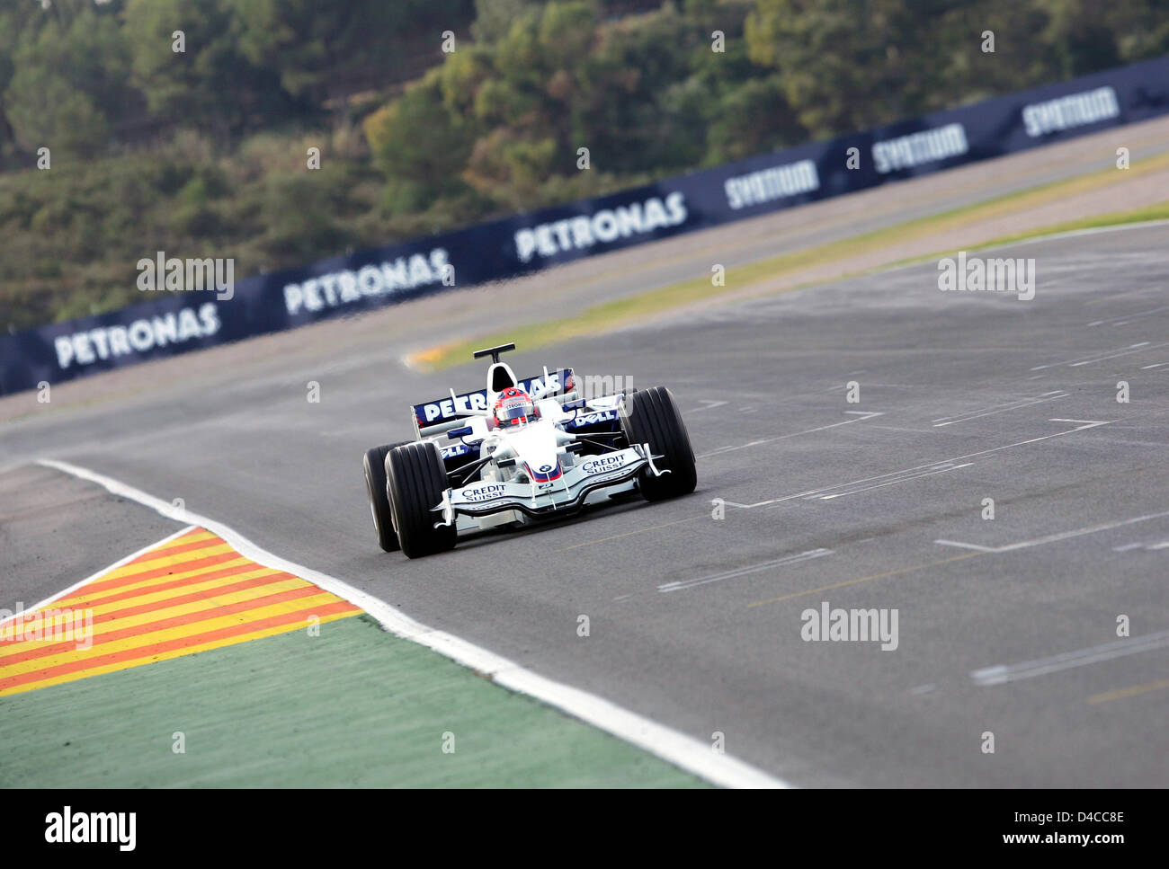 Polish Formula One driver Robert Kubica of BMW Sauber paces the new 'F1.08' for a test drive on the circuit of Valencia, Spain, 15 January 2008. The new F1 car was presented the previous day. Photo: GERO BRELOER Stock Photo