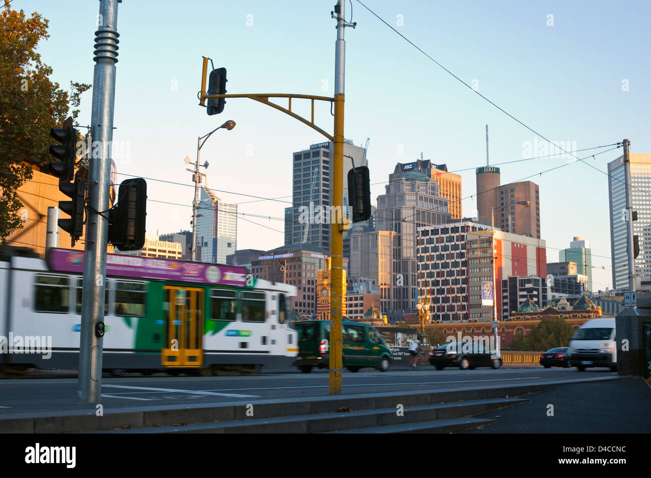 Tram on St Kilda Road with city skyline in background. Melbourne, Victoria, Australia Stock Tram on St Kilda Road with city skyline in background. Melbourne, Victoria, Australia Stock