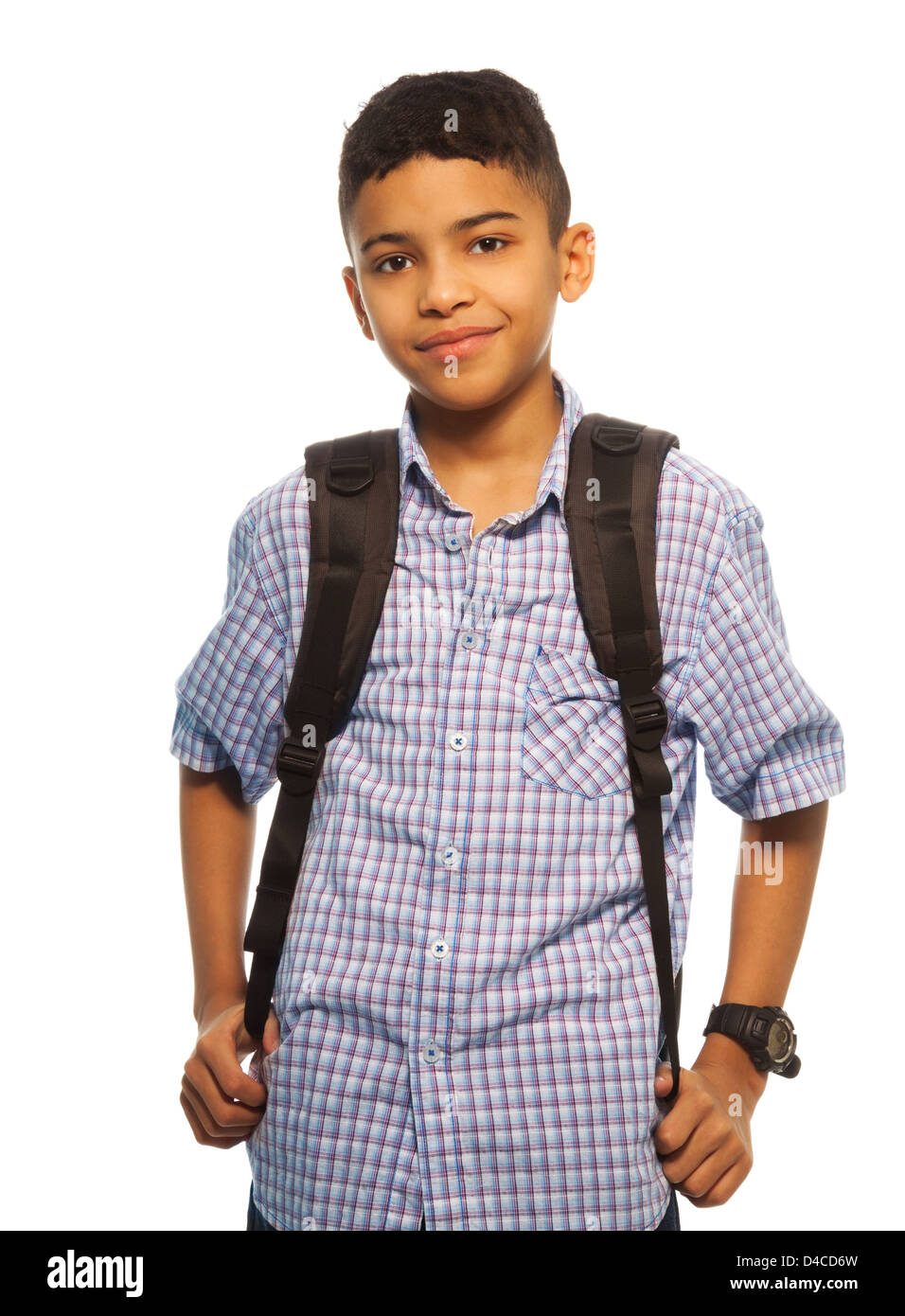 Black schoolboy with backpack waist up portrait Stock Photo Alamy
