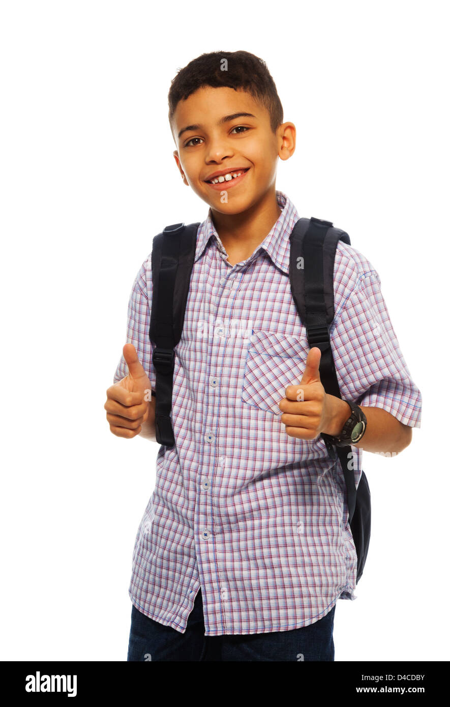 Black boy twelve years old smiling with thumbs up gesture and backpack