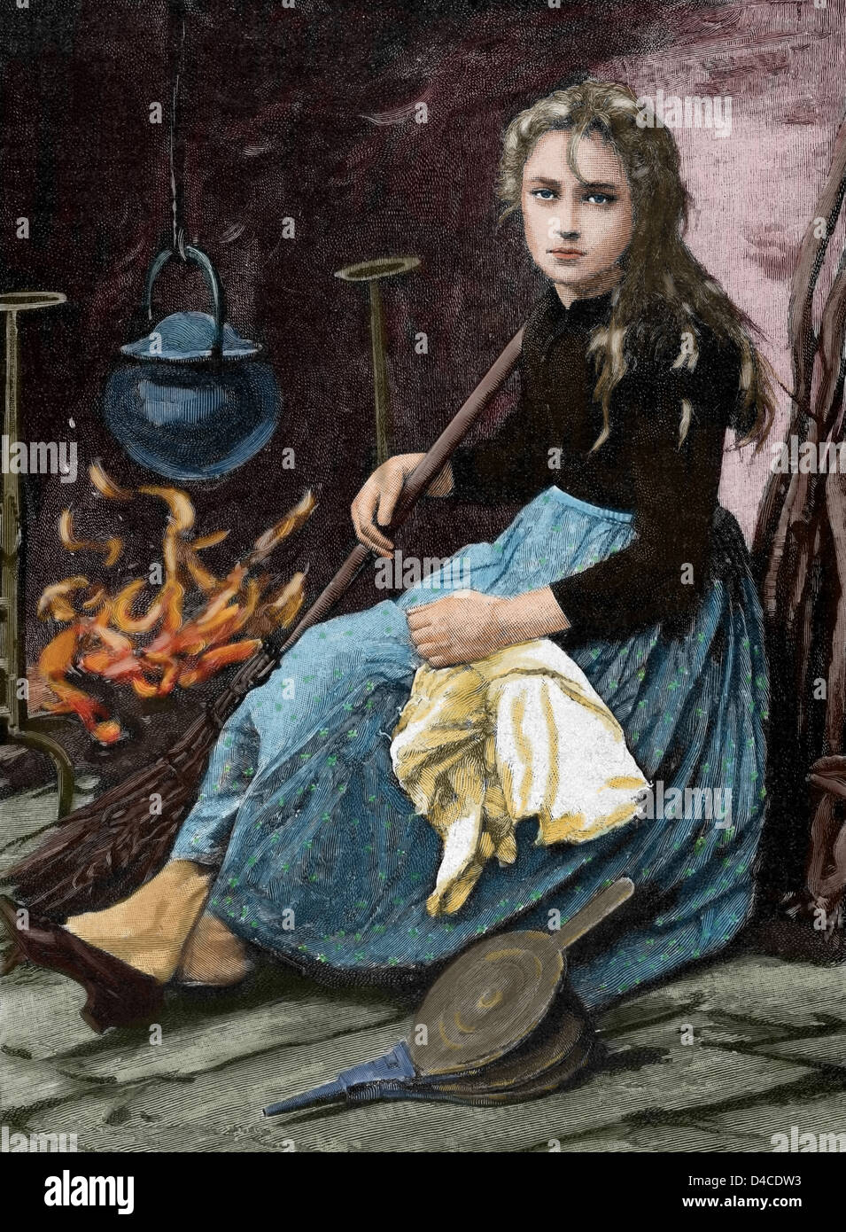 Cinderella. Character in the tale written by Charles Perrault. Engraving in The Iberian Illustration, 1891. Colored. Stock Photo