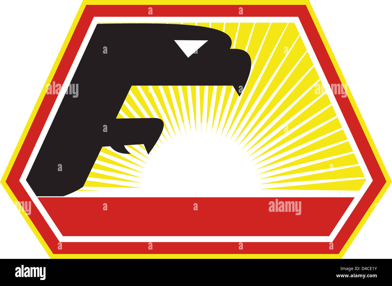 Illustration of a falcon hawk eagle bird flying side with sunburst set inside hexagon on isolated background. Stock Photo