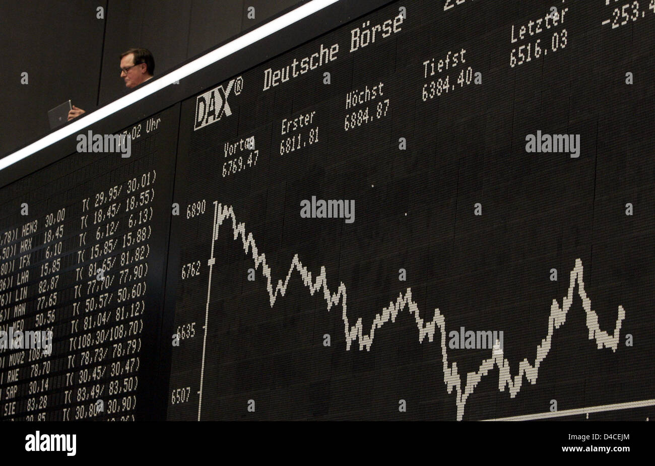 A man is pictured above the indicator board at the stock exchange in Frankfurt Main, Germany, 23 January 2008. After massive share price losses on Monday, 21 January 2008, stock markets are still very nervous. Photo: FRANK MAY Stock Photo