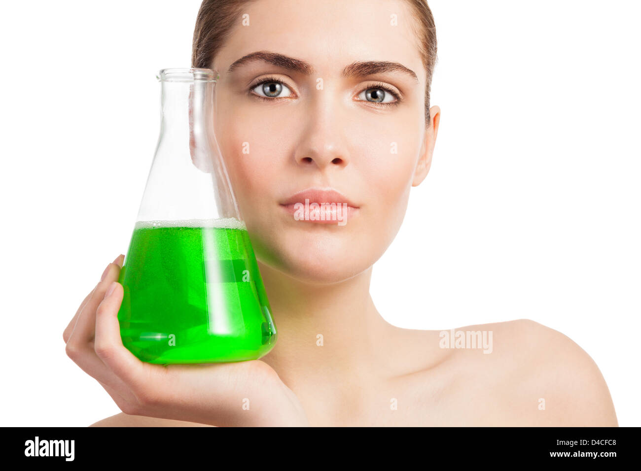 Makeup laboratory beauty scientist portrait woman holding flask glass