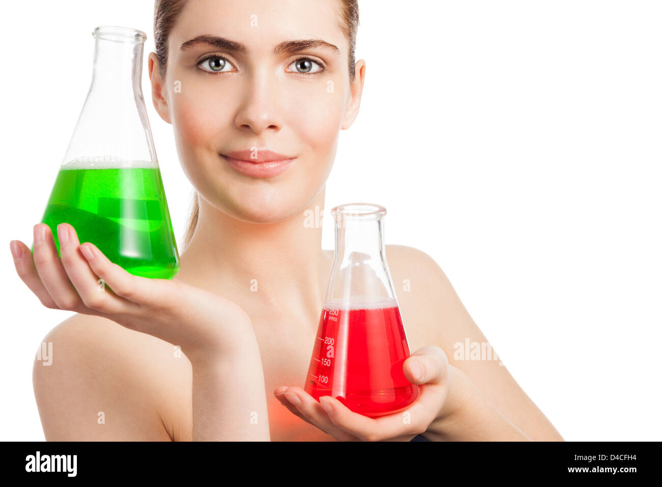 Makeup laboratory beauty scientist portrait woman holding two flasks