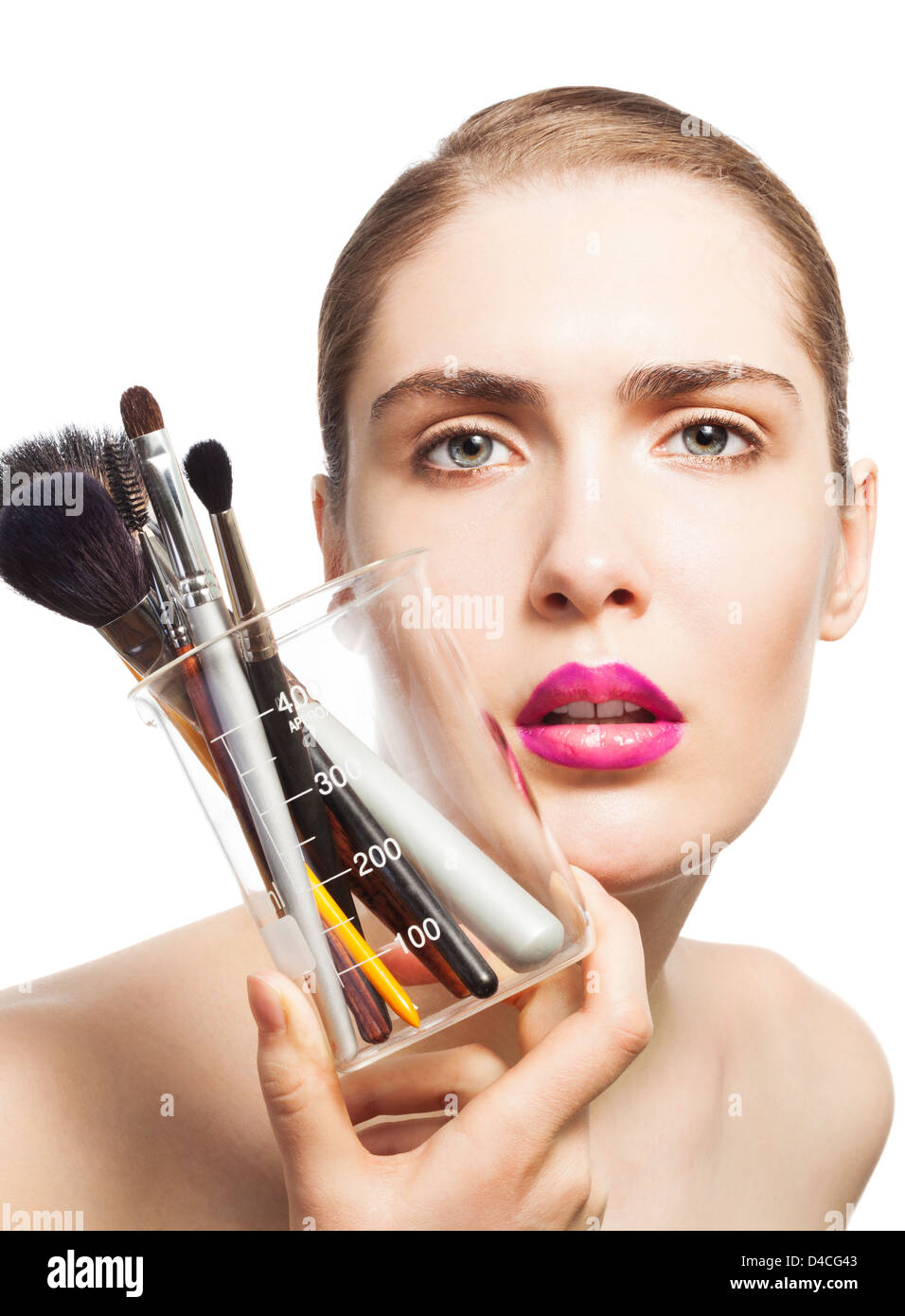 Beauty portrait of attractive woman holding lab glass with makeup ...