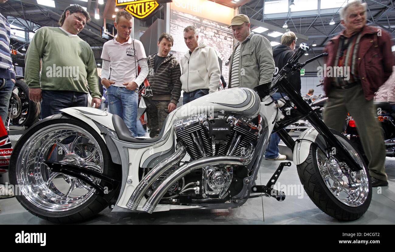 A Custombike with a Harley-Davidson engine is on display at the Motorbike  Trade Show 'Motorrad Messe Leipzig' in Leipzig, Germany, 1 February 2008.  225 exhibitors present their latest products until 3rd February
