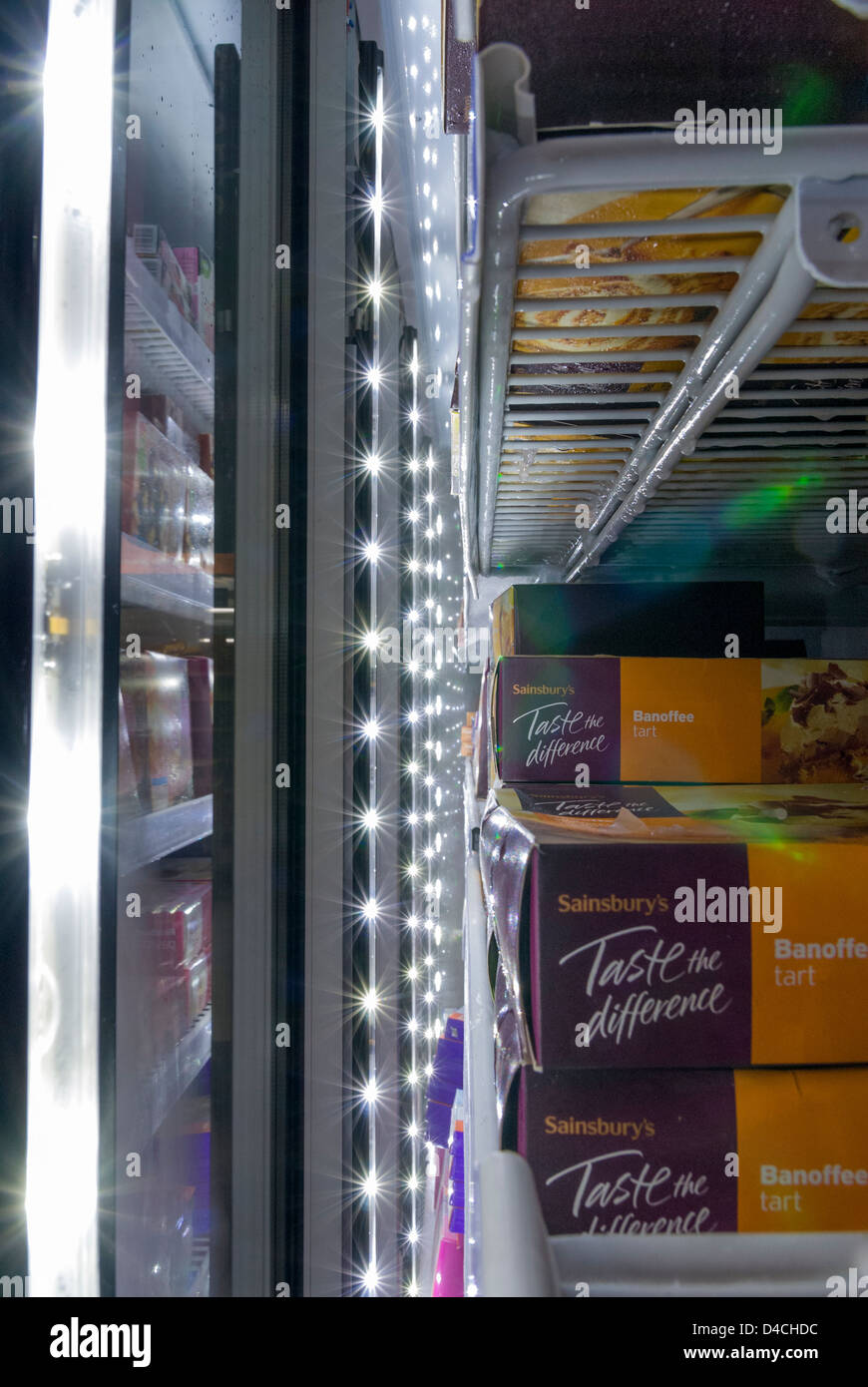 Inside sainsbury supermarket freezer display cabinet Stock Photo