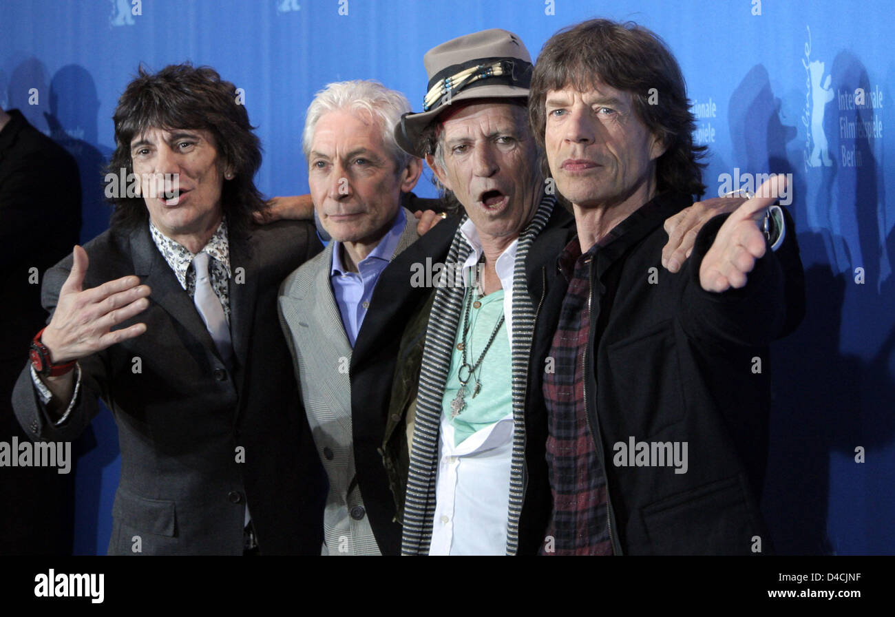 The Rolling Stones, Ron Wood (L-R), Charlie Watts, Keith Richards and Mick Jagger pose at the 58th Berlin International Film Festival in Berlin, Germany, 07 February 2008. The group stars in the concert video 'Shine a Light'. 58th Berlinale runs from 07 to 17 February. Photo: Peer Grimm Stock Photo