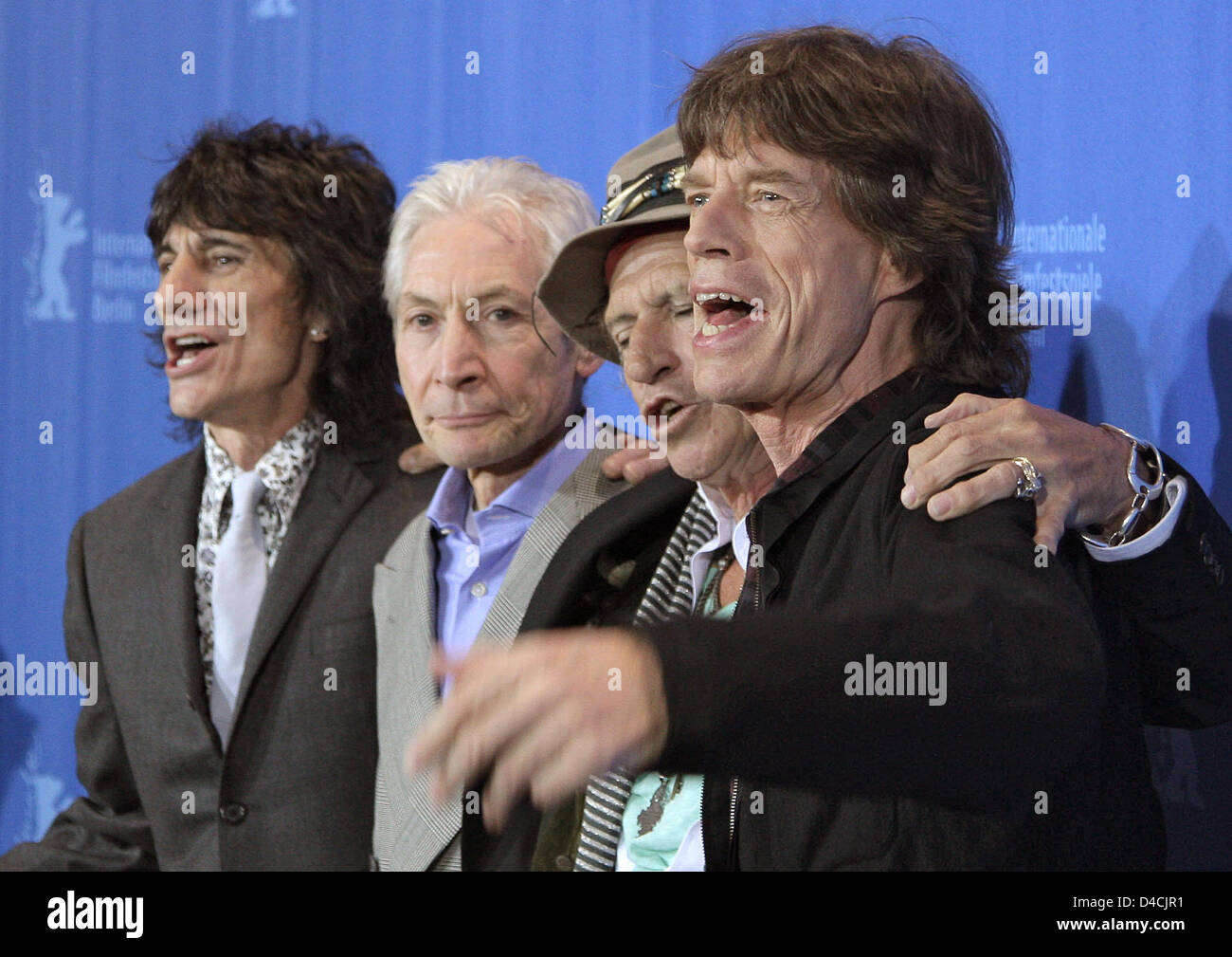 The Rolling Stones, Ron Wood (L-R), Charlie Watts, Keith Richards, Mick Jagger pose at the 58th Berlin International Film Festival in Berlin, Germany, 07 February 2008. The group stars in the concert video 'Shine a Light' directed by Martin Scorsese. 58th Berlinale runs from 07 to 17 February. Photo: Peer Grimm Stock Photo