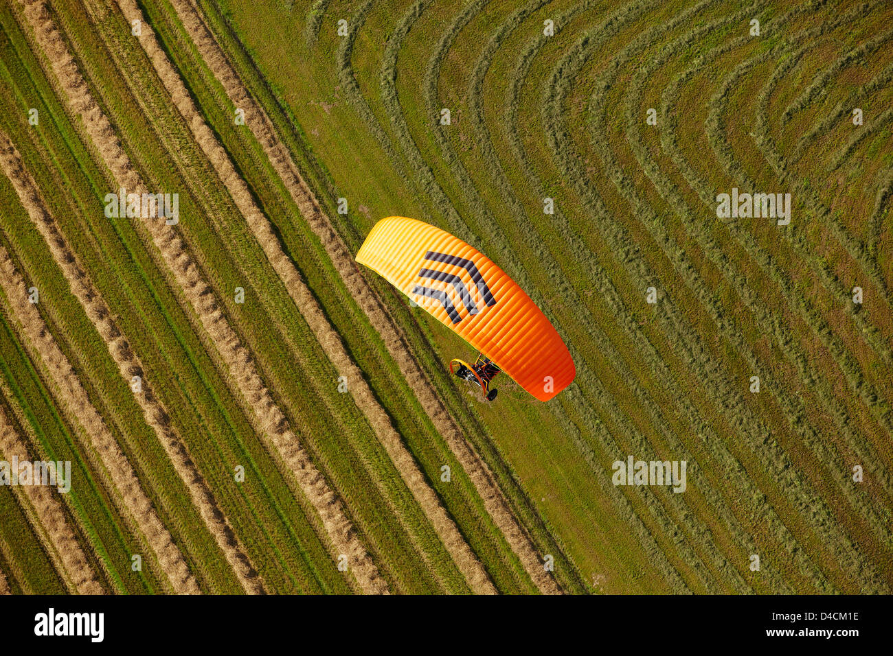 Motorschirm over fields, Pfullendorf, Baden-Wuerttemberg, Germany, Europe Stock Photo