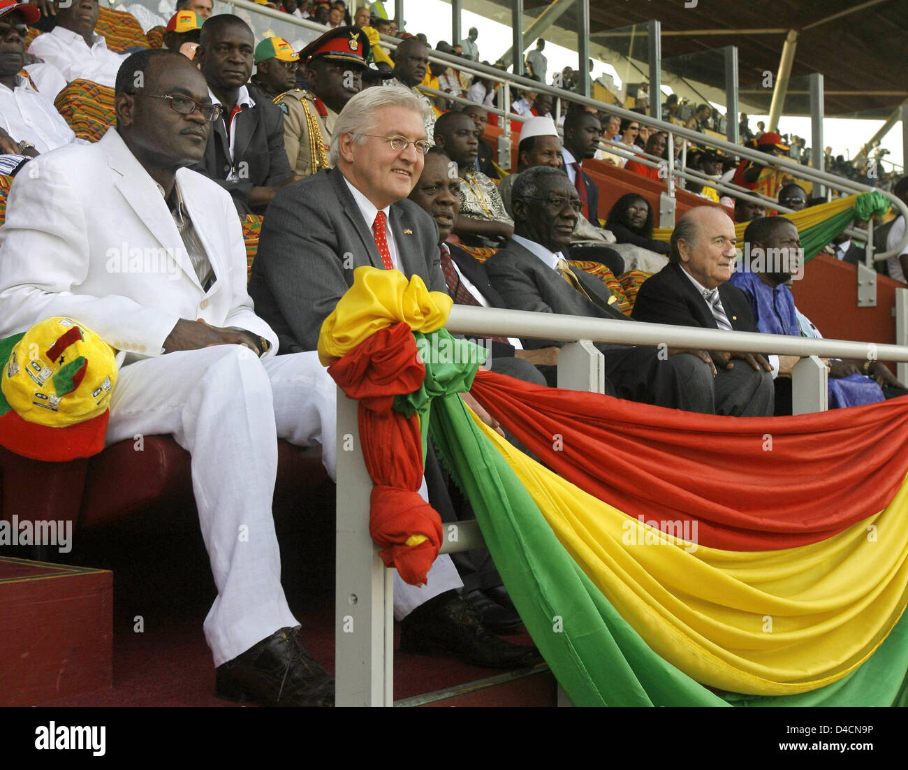 (front row) German Foreign Minister Frank-Walter Steinmeier (2-L), FIFA President Joseph Blatter (5-L), and Ghanaian President John Kufour (4-L), watch the Africa Cup of Nations Final Cameroon v Egypt in Accra, Ghana, 10 February 2008.  Steinmeier is on a three-day visit to Ghana, Togo and Burkina Faso. Photo: TIM BRAKEMEIER Stock Photo