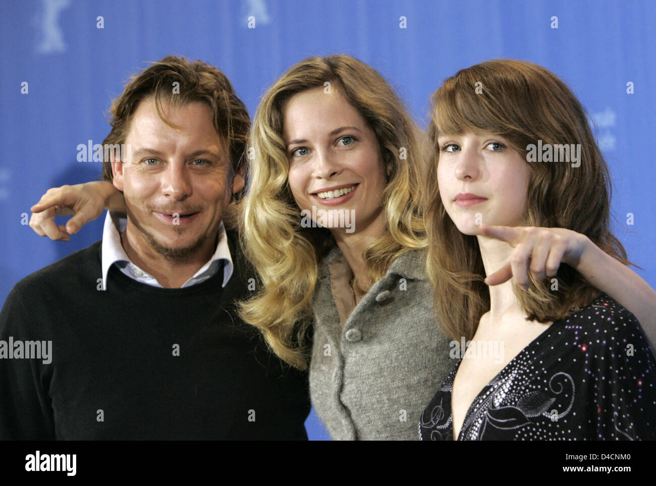 Danish actors Anders W. Berthelsen (L) and Sarah Juel Werner (R) are pictured with their Norwegian colleague Maria Bonnevie during a photo call for the film 'What No One Knows' (Det som ingen ved) at the 58th Berlin International Film Festival in Berlin, 11 February 2008. The film runs in the Panorama Section at the 58th Berlin Film Festival. Photo: JOERG CARSTENSEN Stock Photo