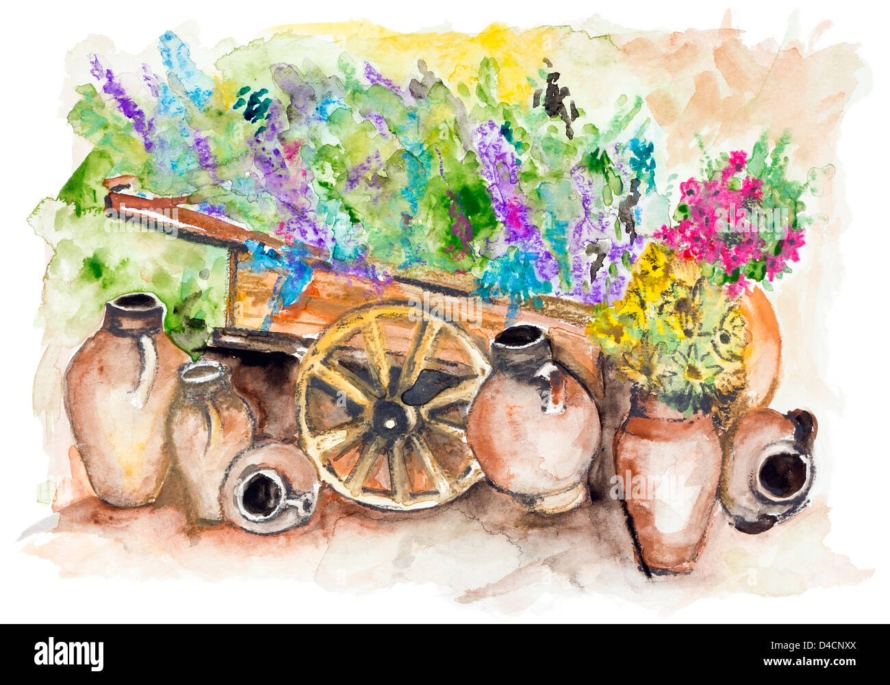 The rural wooden cart with lavender bunches of flowers, a lot of big clay jugs with sunflowers- handmade watercolor painting Stock Photo