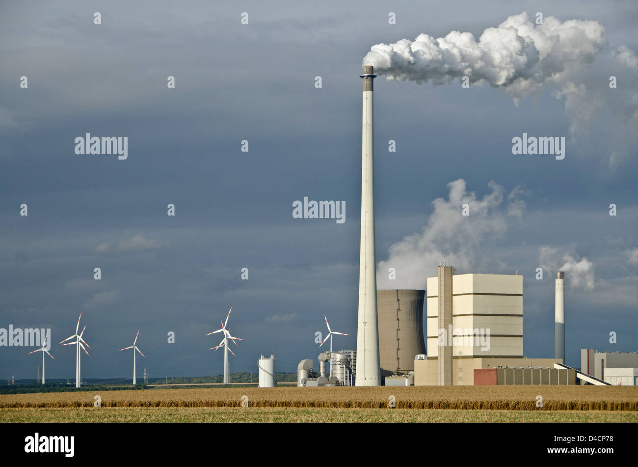 Buschhaus power plant and wind turbines, Schoeningen, Lower Saxony, Germany Stock Photo