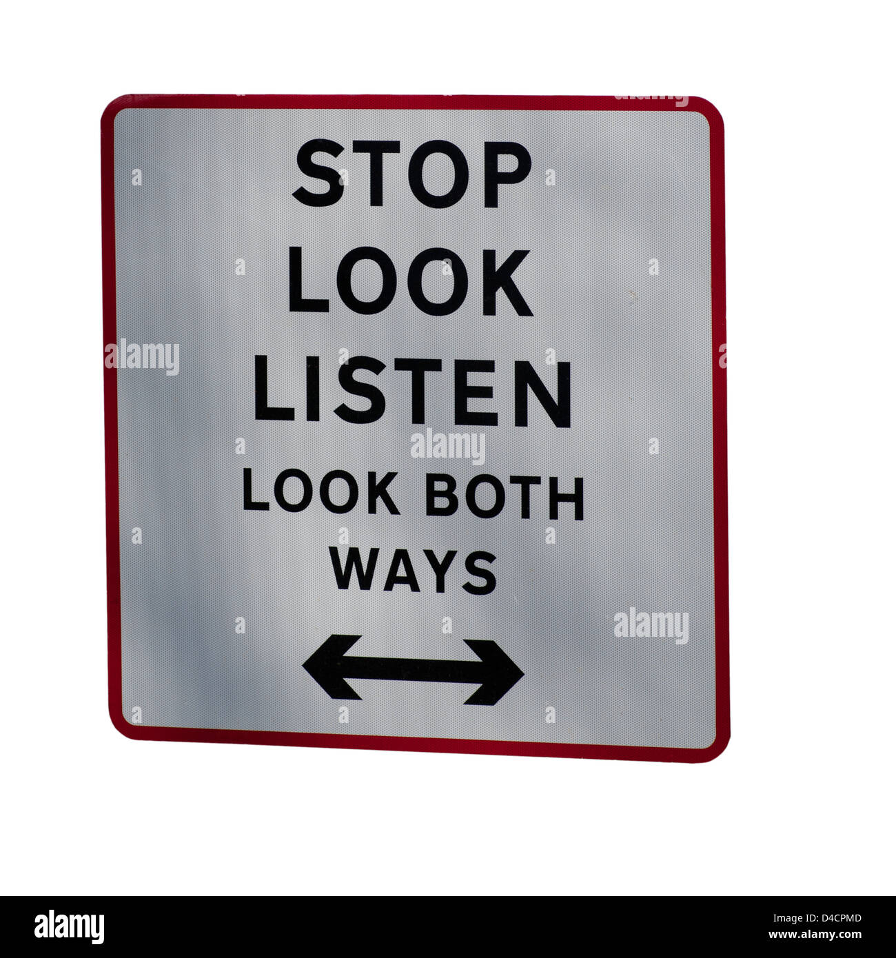 Stop Look Listen Look Both Ways Sign On an Unmanned Railway Crossing Stock Photo