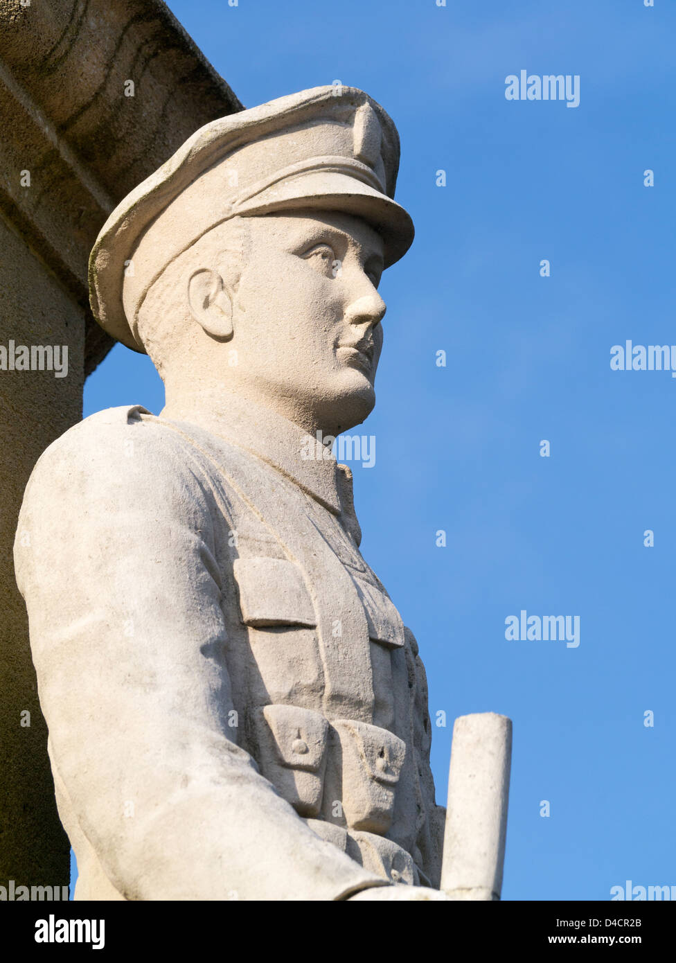 Builth Wells War Memorial stone figure of a military man. Stock Photo
