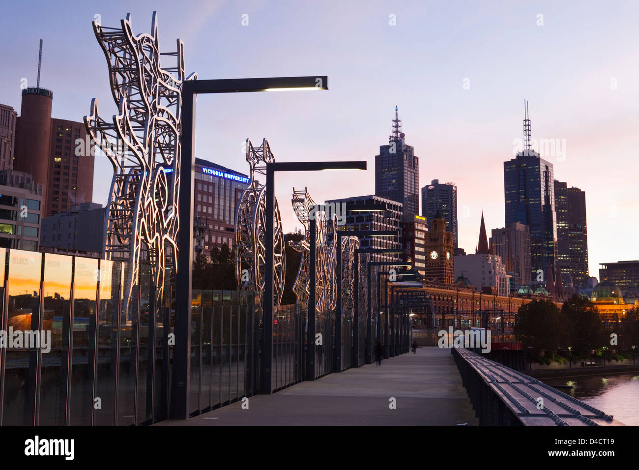 View along Sandridge Bridge with city skyline in background. Melbourne, Victoria, Australia Stock Photo