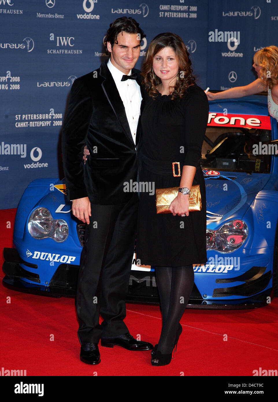 Swiss tennis champion Roger Federer (L) and his girlfriend Mirka Vavrinec (R) pose on the red carpet as they arrive for the 'Laureus World Sports Awards' in Saint Petersburg, Russian Federation, 17 February 2008. Outstanding athletes, who had been selected by a jury comprised of former top athletes, were awarded the Laureus Sports Award on 18 February. Photo: GERO BRELOER Stock Photo