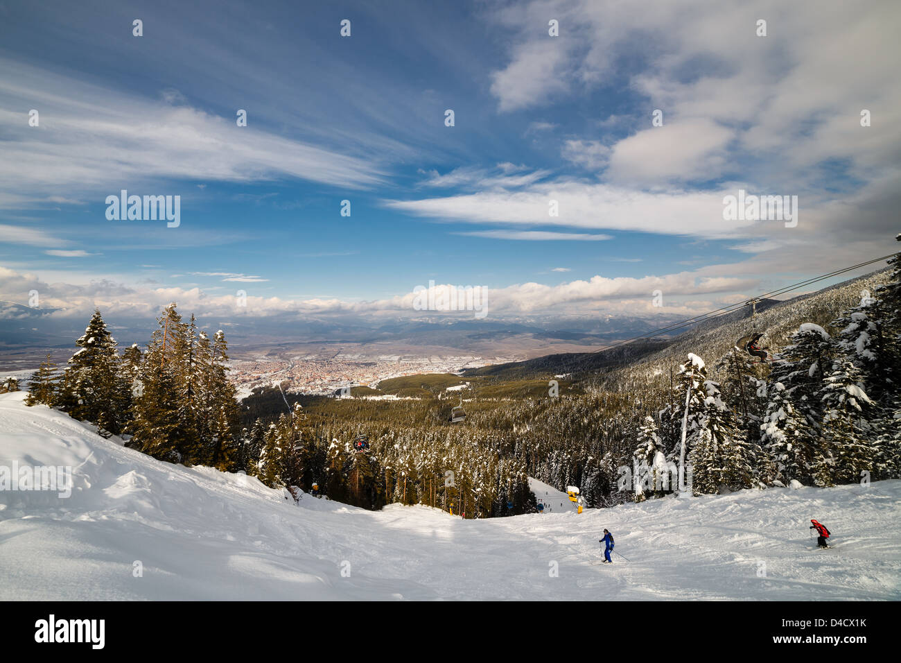 Downhill skiing in sunny frosty winter day Stock Photo