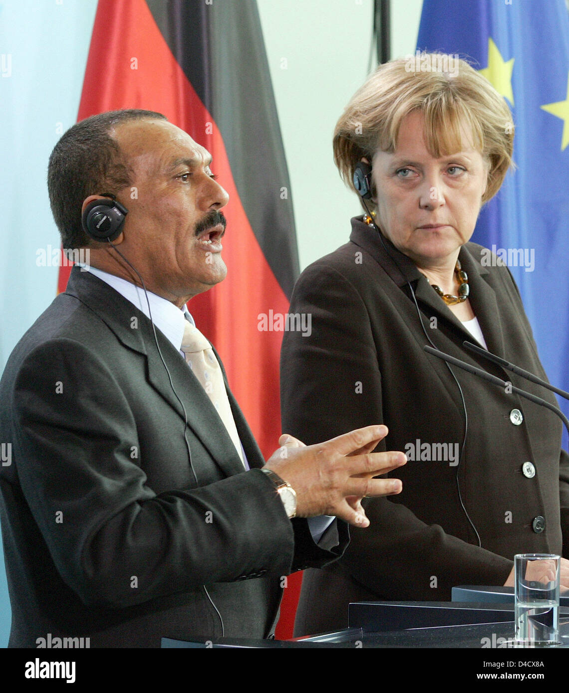 German Chancellor Angela Merkel (R) and Yemeni President Ali Abdallah Saleh (L) pictured during a press conference in Berlin, Germany, 27 February 2008. Photo: Gero Breloer Stock Photo