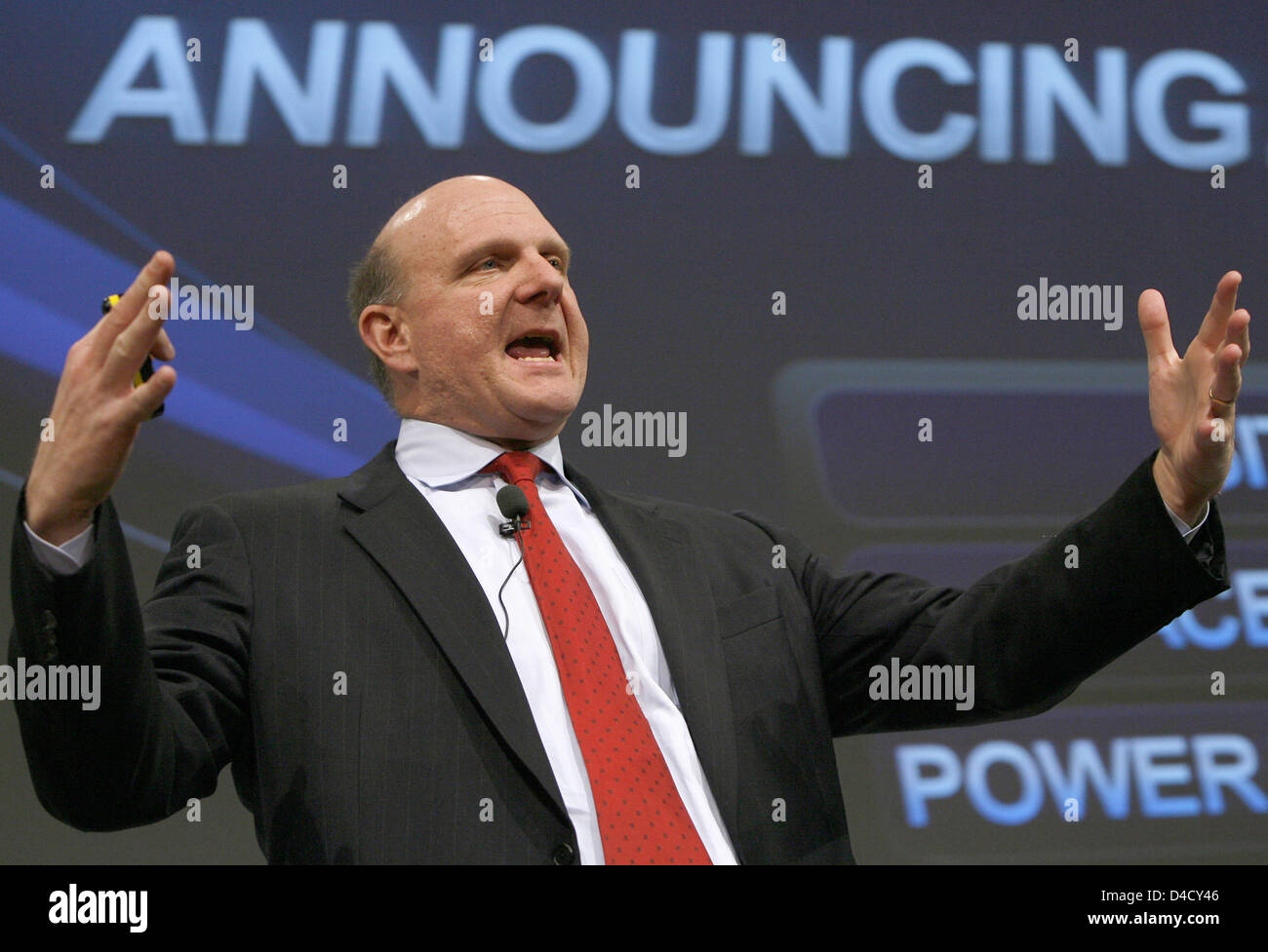 Microsoft CEO Steve Ballmer is pictured during a press conference at the IT trade fair CeBit in Hanover, Germany, 03 March 2008. Balmer presented various Microsoft novelties. From 04 through 10 March, some 5,500 exhibitors from 75 countries showcase their latest products at the world's largest trade fair on digital IT and telecommunications solutions for home and work environments. Stock Photo