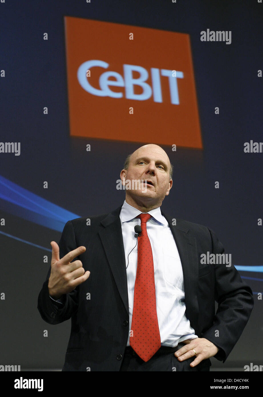 Microsoft CEO Steve Ballmer speaks during a press conference at the IT trade fair CeBit in Hanover, Germany, 03 March 2008. From 04 through 10 March, some 5,500 exhibitors from 75 countries showcase their latest products at the world's largest trade fair on digital IT and telecommunications solutions for home and work environments. Photo: Jochen Luebke Stock Photo