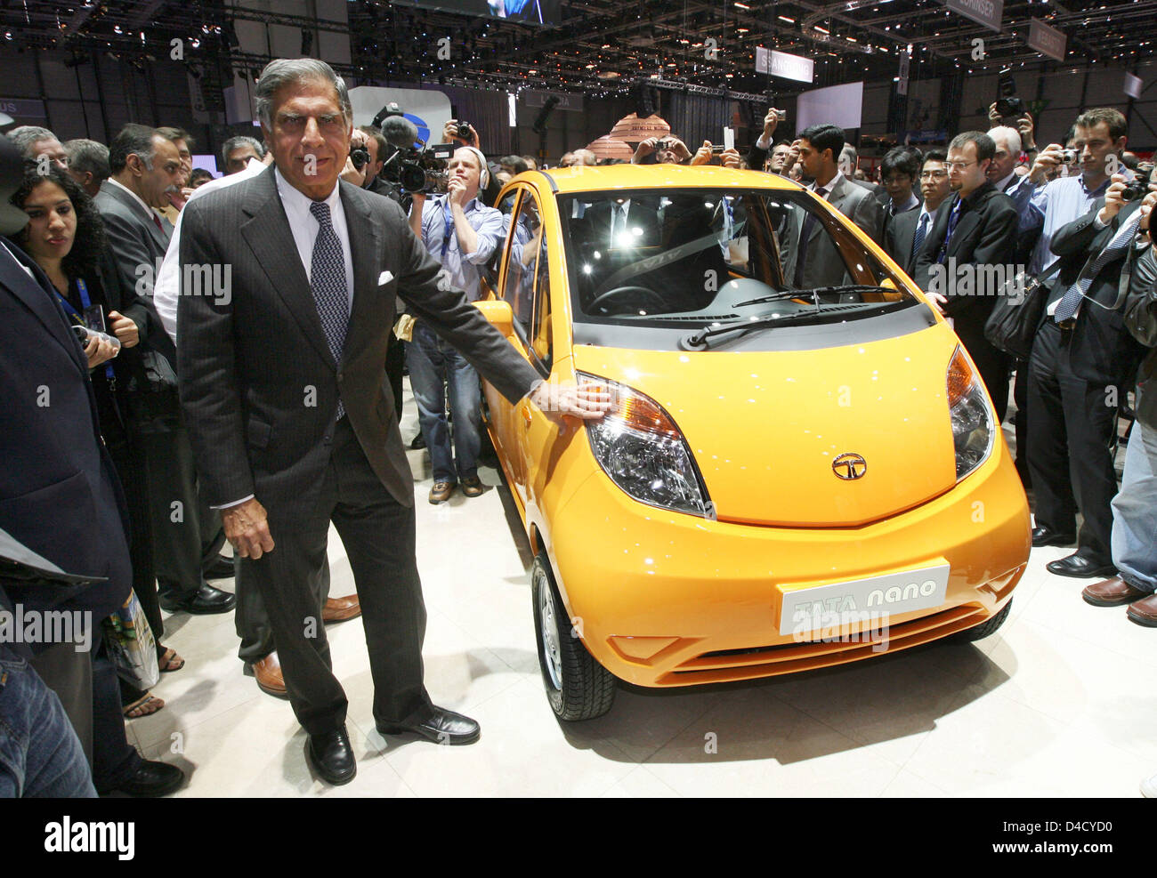 TATA boss Ratan Tata presents the TATA Nano at the press day to the 78th International Motor Show Geneva, Switzerland, 04 March 2008. Some 260 exhibitors from 30 nations showcase on 77,550 square metres their latest developments at the 78th International Motor Show Geneva running from 06 through 16 March. Photo: ULI DECK Stock Photo
