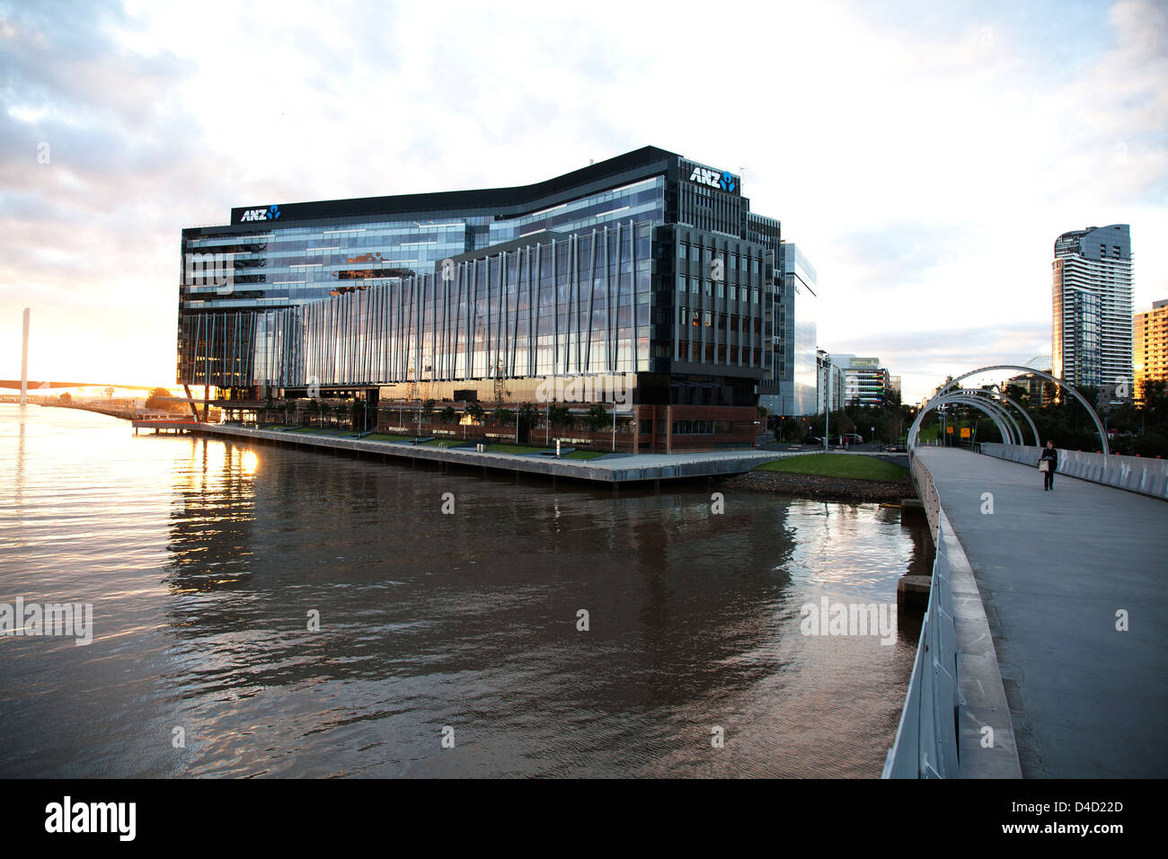 Twilight sunset image of the ANZ bank headquarters from the b Bridge at Docklands Melbourne