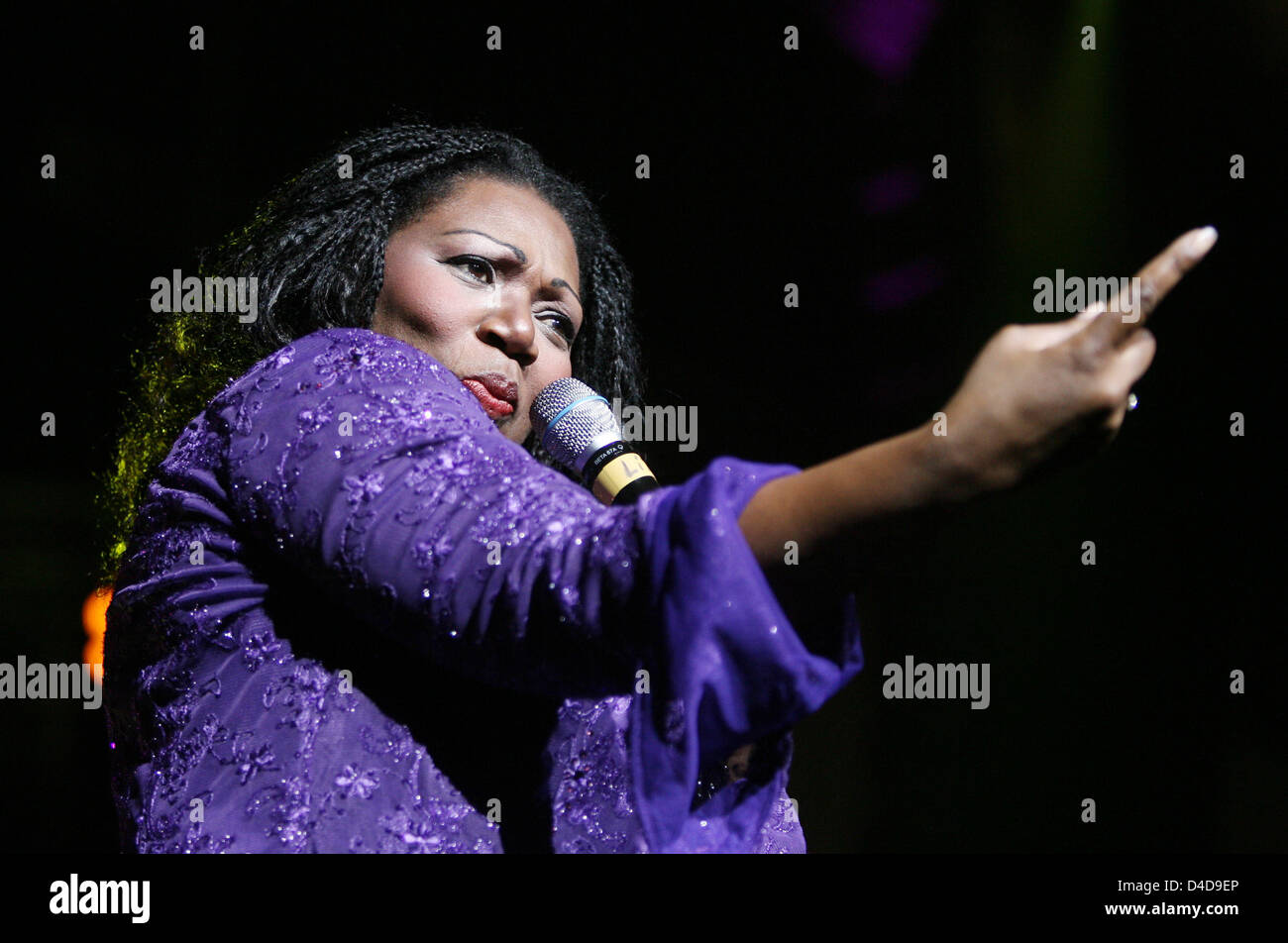 Liz Mitchell of pop group Boney M. performs at the Radio Regenbogen  birthday party in Mannheim, Germany, 05 April 2008. The private radio  station celebrated its 20th anniversary with some 20,000 people.