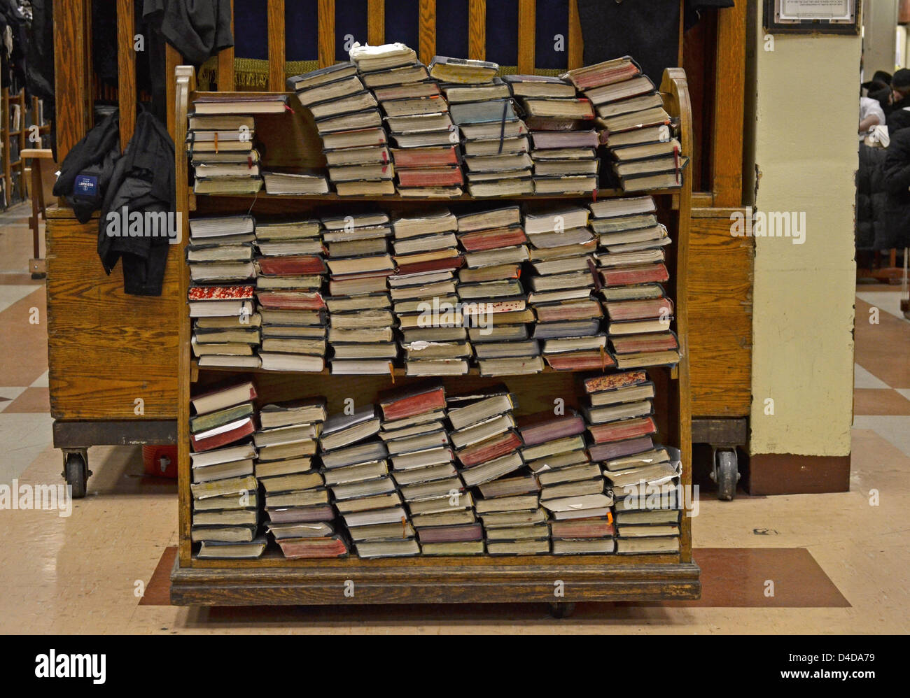 Pile of religious books and prayer books at Lubavitch headquarters in Crown Heights, Brookly, New York Stock Photo