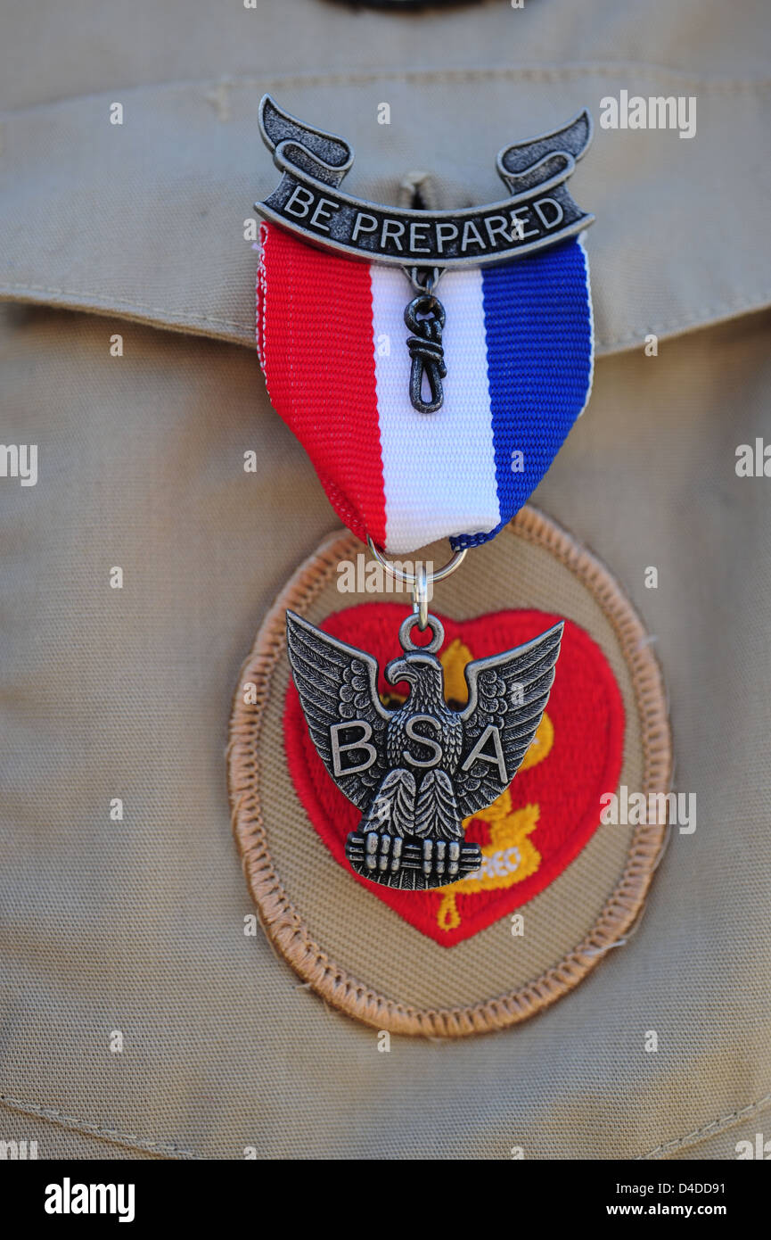 Boy Scouts of America close up of an Eagle Scout with Eagle Pin Stock Photo