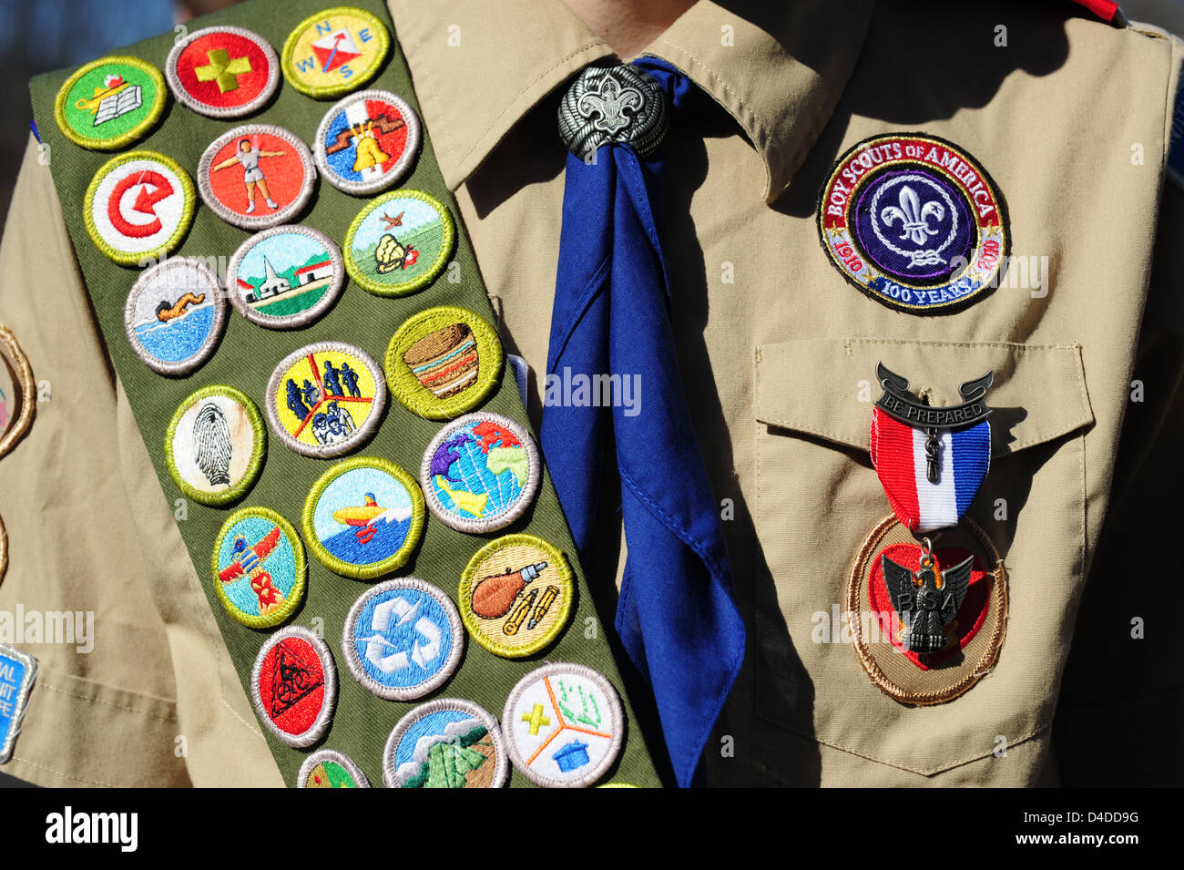 Boy Scouts of America close up of an Eagle Scout with a sash full of Merit badges Stock Photo